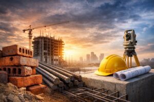 Construction site with bricks, steel reinforcement bars, concrete foundation, and surveying equipment representing strong building foundation by Build Tech Reality