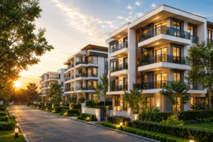 Modern apartment complex at golden hour
