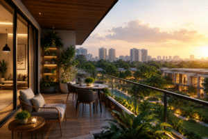 Modern balcony with city sunset view