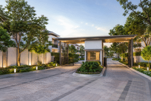 Luxury gated community entrance at dusk

